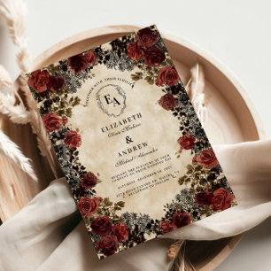 Invitación Boda Rosa de encaje negro y rojo oscuro