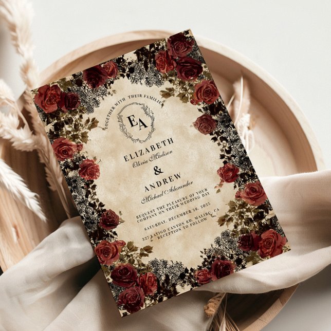 Invitación Boda Rosa de encaje negro y rojo oscuro (Subido por el creador)