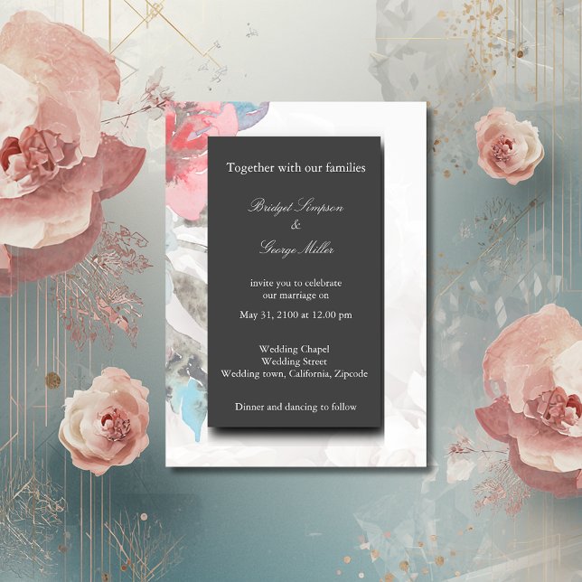 Invitación boda rosa de flor silvestre floral de onyx negra (Subido por el creador)