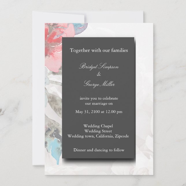 Invitación boda rosa de flor silvestre floral de onyx negra (Anverso)