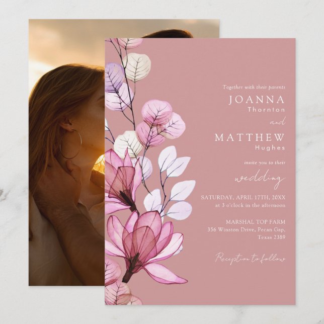 Invitación Boda Rosa de foto floral transparente (Anverso / Reverso)