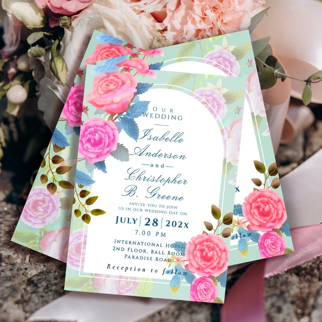 Invitación Boda Rosa de Jardín Romántico (Elegant Vintage Rose Arch Wedding Invitation.)