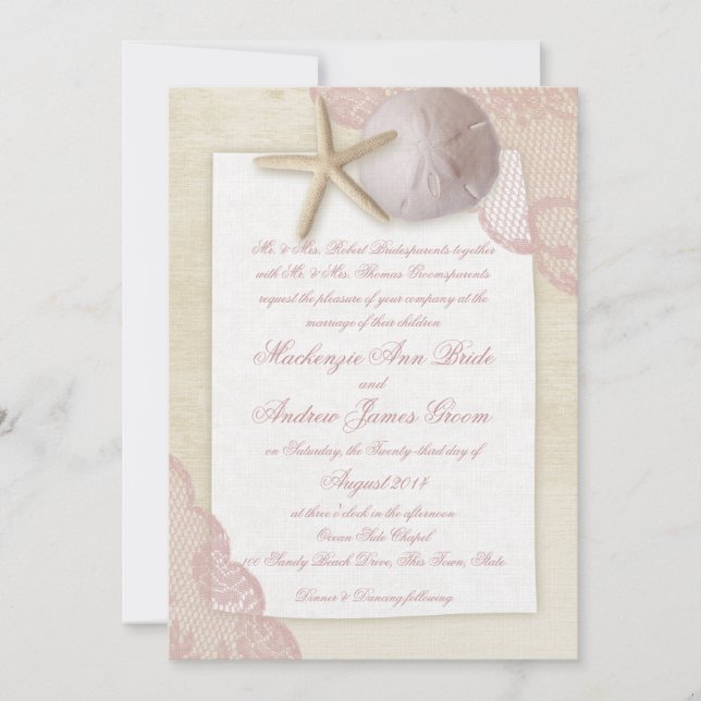 Invitación Boda rosa de la playa (Anverso)