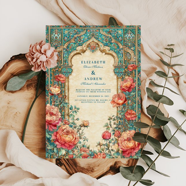Invitación Boda Rosa de lujo turquesa y dorado (Subido por el creador)