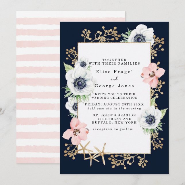 Invitación Boda rosa de Marina Nautical Blooms Naval Rubor (Anverso / Reverso)