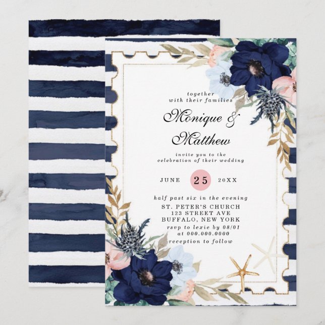 Invitación Boda rosa de Marina Nautical Blooms Naval Rubor (Anverso / Reverso)