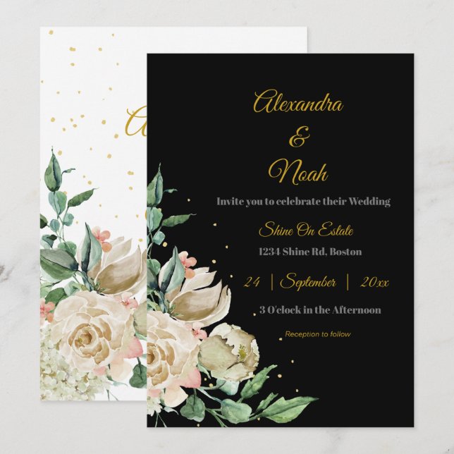 Invitación Boda Rosa de Moda rosa floral elegante blanco negr (Anverso / Reverso)