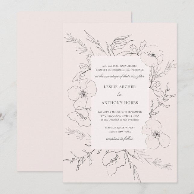 Invitación Boda Rosa de Peony Rubor con dibujos a mano (Anverso / Reverso)