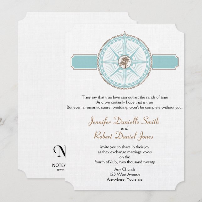 Invitación Boda Rosa de playa con brújula azul y dorada (Anverso / Reverso)