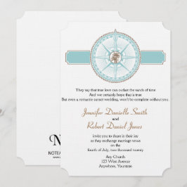 Invitación Boda Rosa de playa con brújula azul y dorada