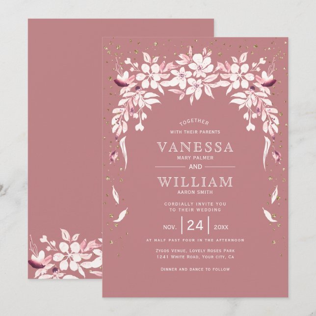 Invitación Boda rosa de polvo de garland floral blanca en cas (Anverso / Reverso)