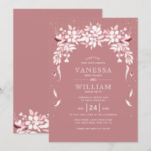 Invitación Boda rosa de polvo de garland floral blanca en cas