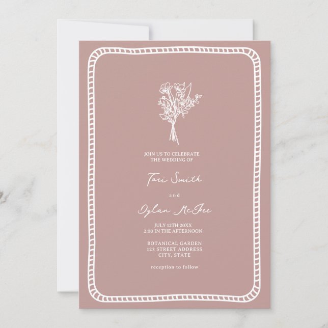 Invitación Boda rosa de Rubor de borde de Bouquet (Anverso)