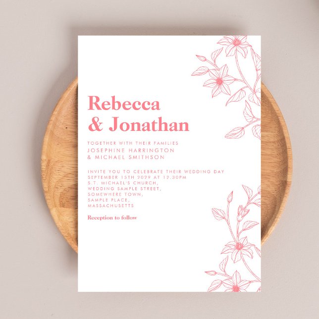 Invitación Boda rosa del arte de la línea floral (Subido por el creador)