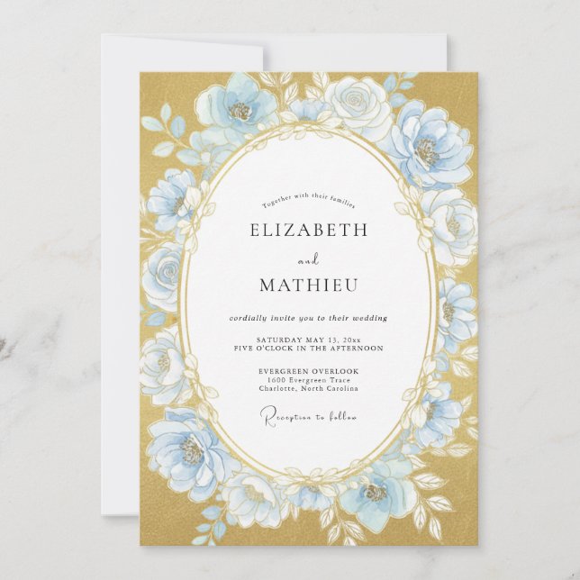 Invitación Boda Rosa Dorada Azul Polvo (Anverso)