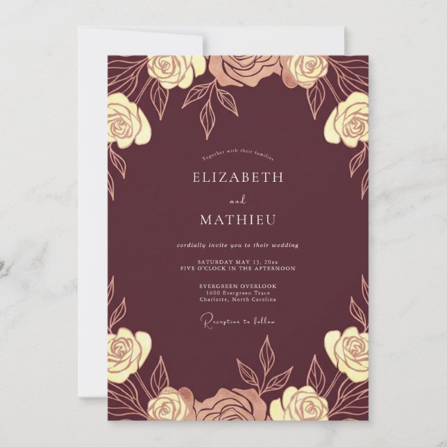 Invitación Boda Rosa Dorada de Burdeos (Anverso)