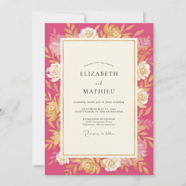 Invitación Boda Rosa Dorada Magenta (Anverso)