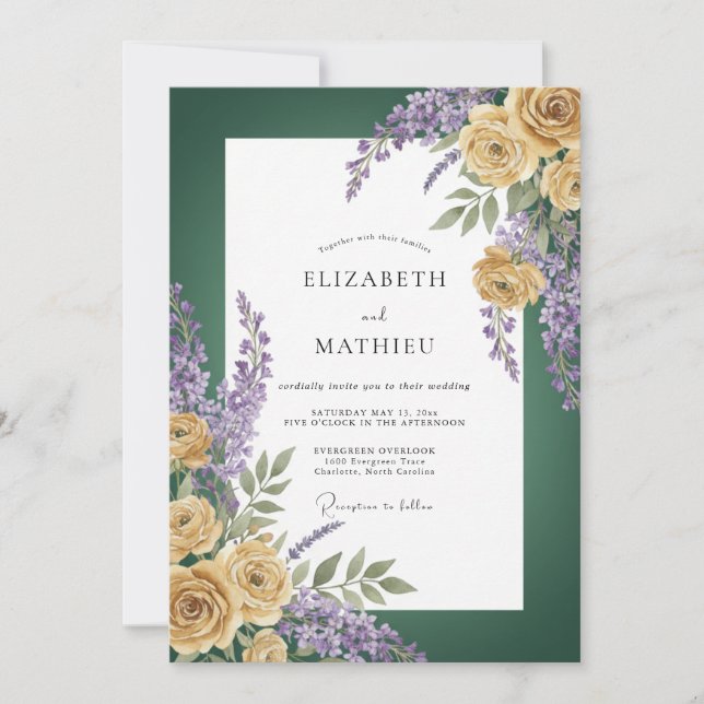 Invitación Boda Rosa Dorada Verde Bosque (Anverso)