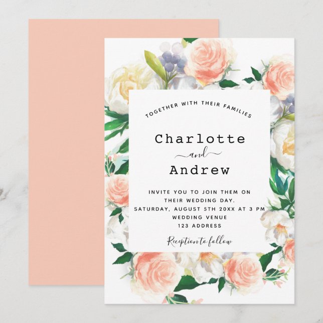 Invitación Boda rosa dorado blanco de las flores (Anverso / Reverso)