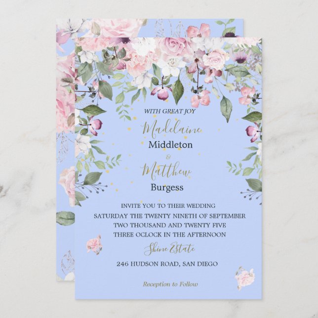 Invitación Boda rosa dorado Floral Blue Periwinkle (Anverso / Reverso)