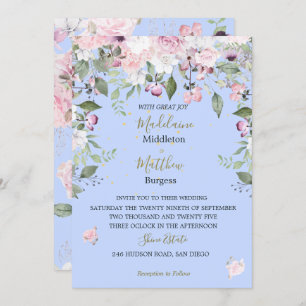 Invitación Boda rosa dorado Floral Blue Periwinkle