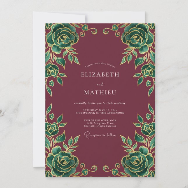 Invitación Boda Rosa Esmeralda Granate (Anverso)
