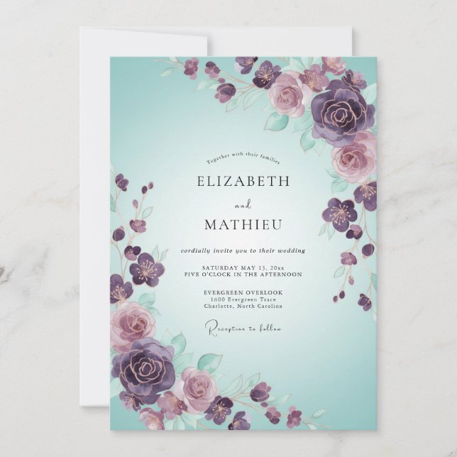 Invitación Boda Rosa Espuma de Mar Ciruela (Anverso)