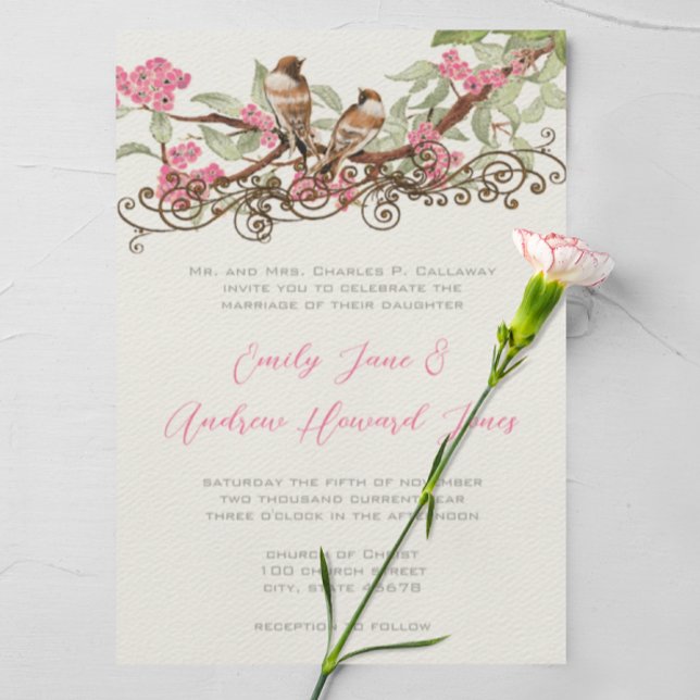 Invitación Boda Rosa Fairytale Forest Love Birds (Subido por el creador)
