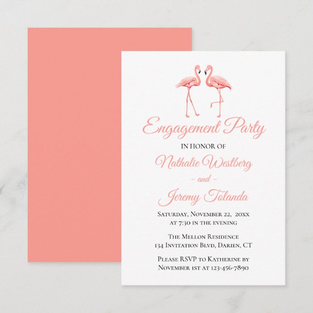 Invitación Boda Rosa Flamingo del Partido de Compromiso Tropi (Anverso / Reverso)