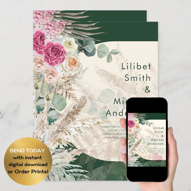 Invitación Boda rosa floral de Emerald Green BOHO (Subido por el creador)