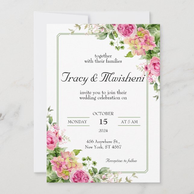 Invitación Boda rosa floral de presupuesto (Anverso)