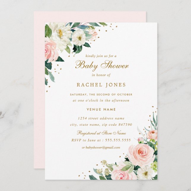 Invitación Boda Rosa Floral Dorado Baby Shower (Anverso / Reverso)
