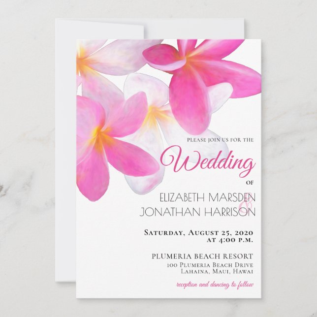 Invitación Boda rosa floral tropical hawaiano de playa (Anverso)