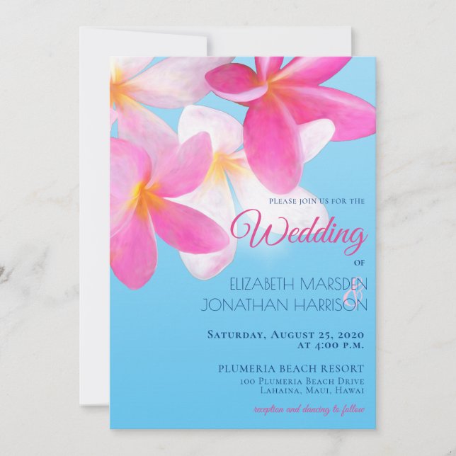 Invitación Boda rosa floral tropical hawaiano de playa (Anverso)