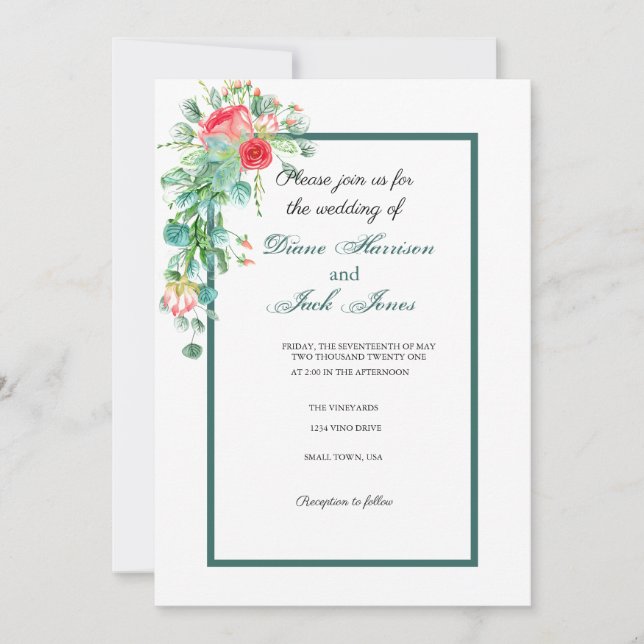 Invitación Boda Rosa Garden Watercolor Rose Bouquet (Anverso)