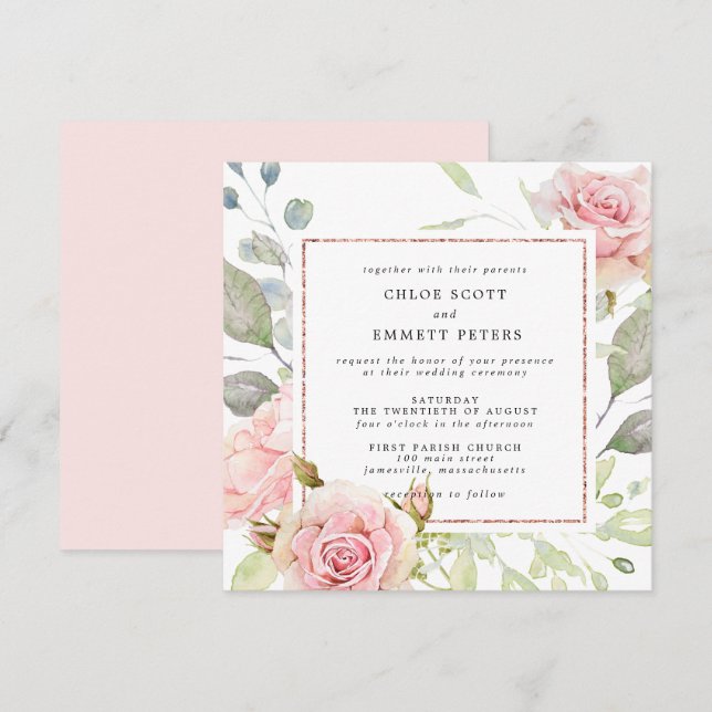 Invitación Boda Rosa Gold Floral Square (Anverso / Reverso)