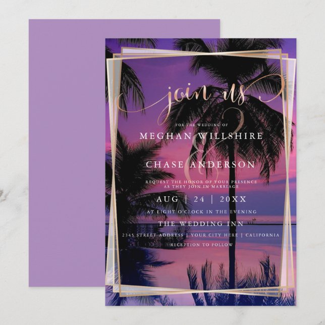 Invitación Boda Rosa Gold | Playa Nocturna Tropical Exótica (Anverso / Reverso)