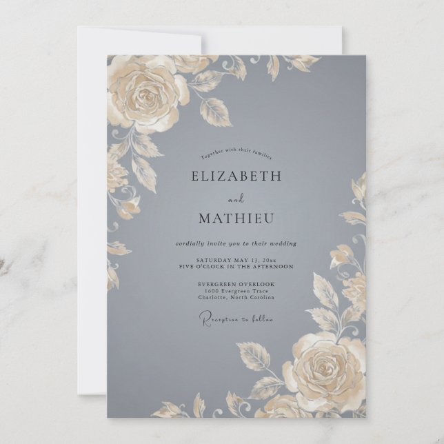Invitación Boda Rosa Gris Acero Champán (Anverso)