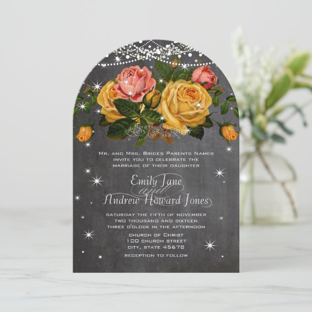 Invitación Boda Rosa Heirloom de pizarra rosa y amarilla (Anverso de pie)