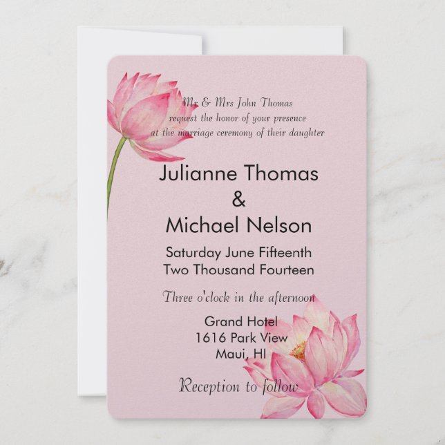 Invitación Boda rosa Lotus Floral (Anverso)
