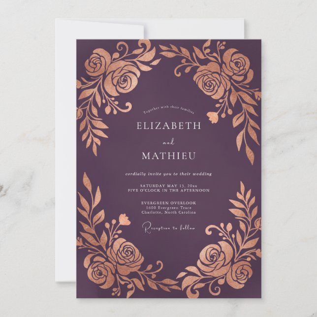 Invitación Boda Rosa Metálica Ciruela (Anverso)