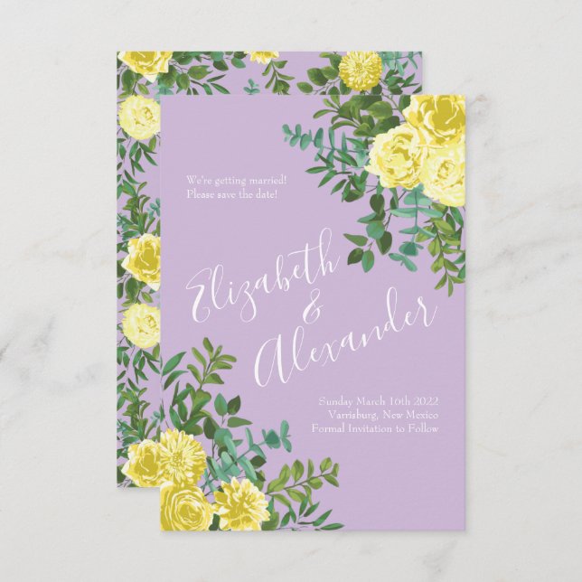 Invitación Boda Rosa morado ligero amarillo y lino fecha de r (Anverso / Reverso)