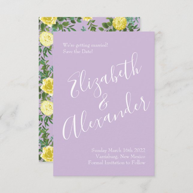 Invitación Boda Rosa morado ligero amarillo y lino fecha de r (Anverso / Reverso)