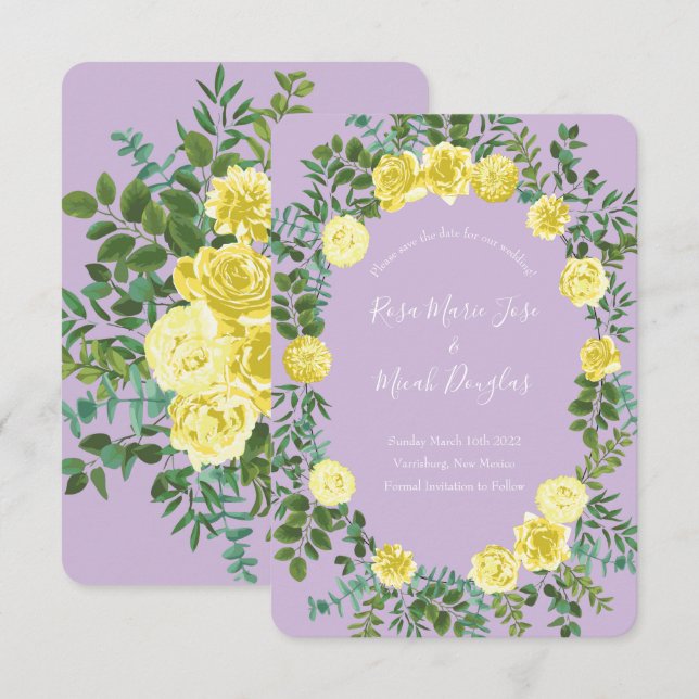 Invitación Boda Rosa morado ligero amarillo y lino fecha de r (Anverso / Reverso)