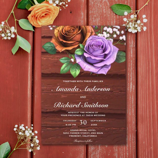 Invitación Boda Rosa Naranja Rústico Quemado de Madera (Subido por el creador)