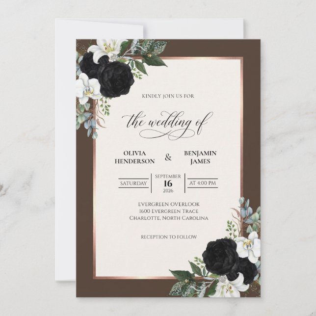 Invitación Boda Rosa Negra Marrón (Anverso)