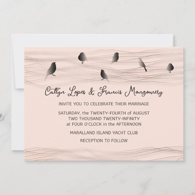 Invitación Boda Rosa Negro Polvo Líneas Delicadas Aves (Anverso)