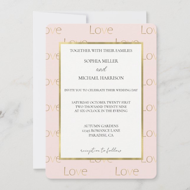 Invitación Boda Rosa Oro Amor Blanco Rubor (Anverso)
