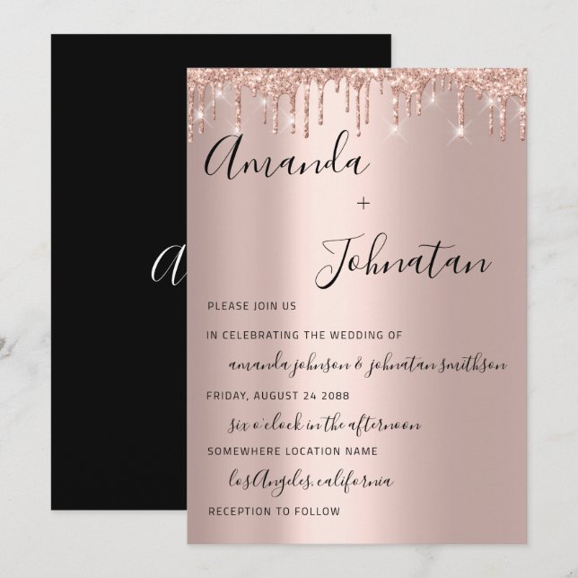 Invitación Boda Rosa Oro Monograma goteo Blanco Negro (Anverso / Reverso)