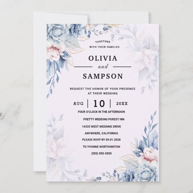 Invitación Boda rosa oro verde azul burdeos (Anverso)